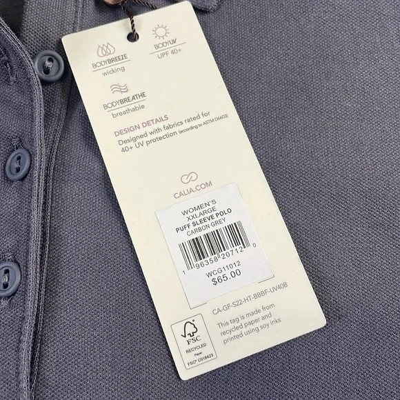 NWT Calia Pique Puff Sleeves Polo T-Shirt XXL Carbon Gray 3/4 Button Down Golf - Picture 4 of 16
